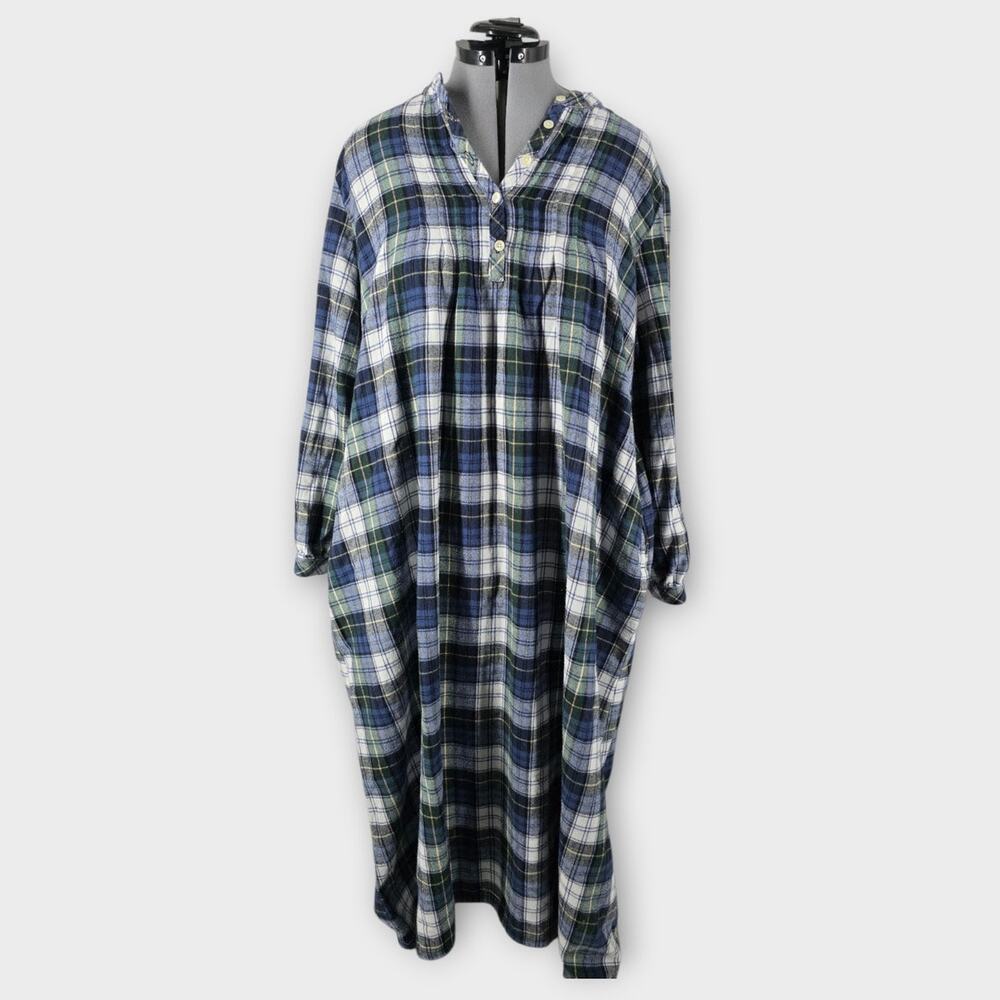 L.L.Bean Nightgown Women's XL Flannel Plaid Long Sleeve Ruched Front Maxi